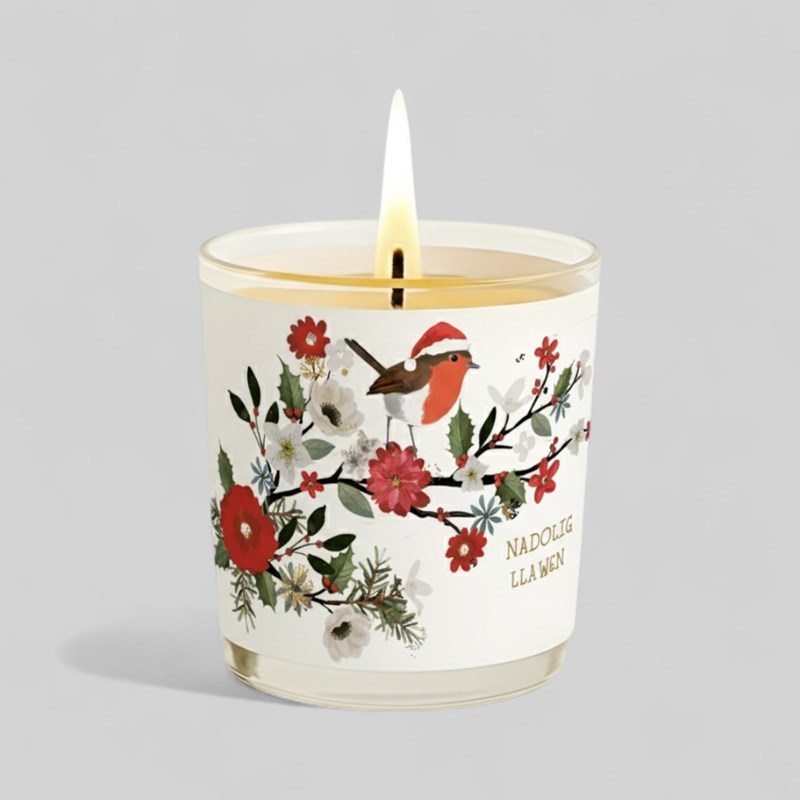 An image of Vanilla Scented Christmas Candle - Nadolig Llawen Robin On A Branch
