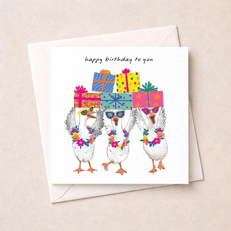 An image of Birthday Card - Birthday Geese With Gifts