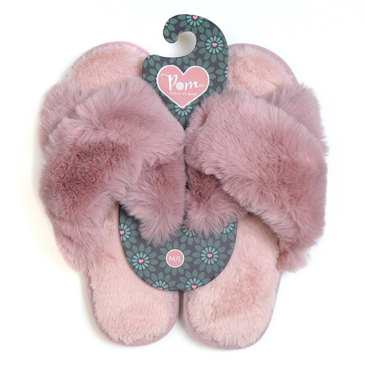 Faux Fur Slippers | Grey and Dusky Pink Faux Fur Slippers | Grey and Dusky Pink