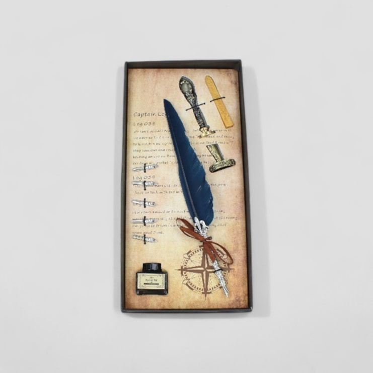 Navy Feather Quil Pen, Nibs & Ink Set