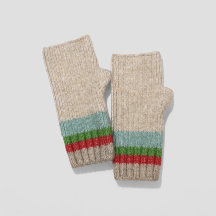 Beige, Red & Green Stripey Fingerless Gloves Beige, Red & Green Stripey Fingerless Gloves