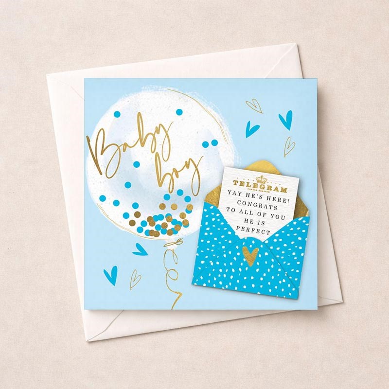 An image of New Baby Card - Baby Boy Balloon and Telegram