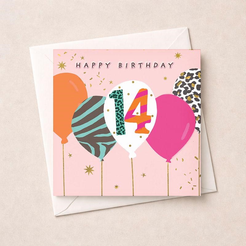 An image of Age 14 Birthday Card - Birthday Balloons