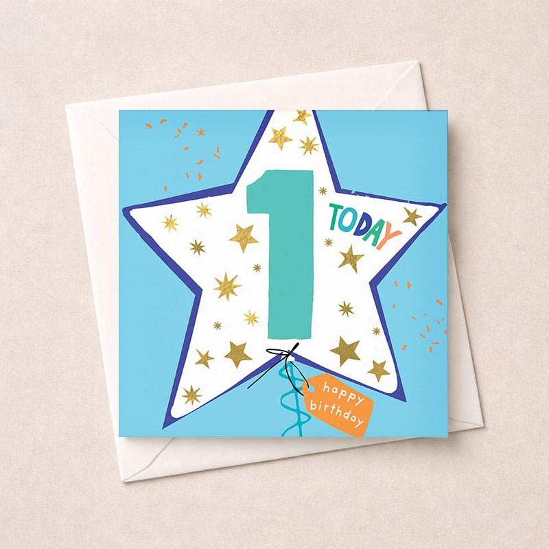 An image of Age 1 Birthday Card - Blue Star Balloon