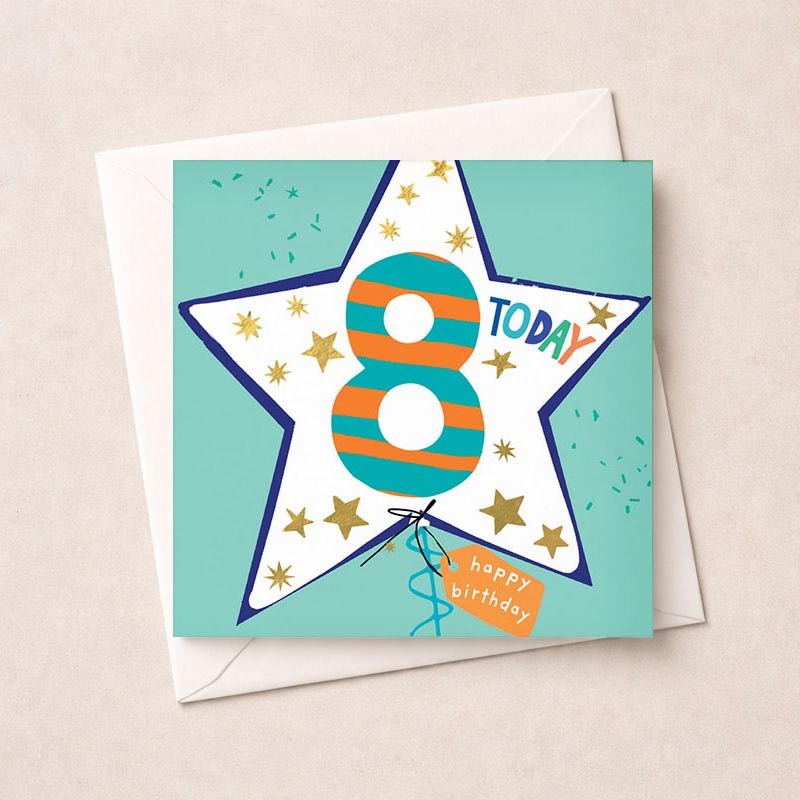 An image of Age 8 Birthday Card - Blue Star Balloon