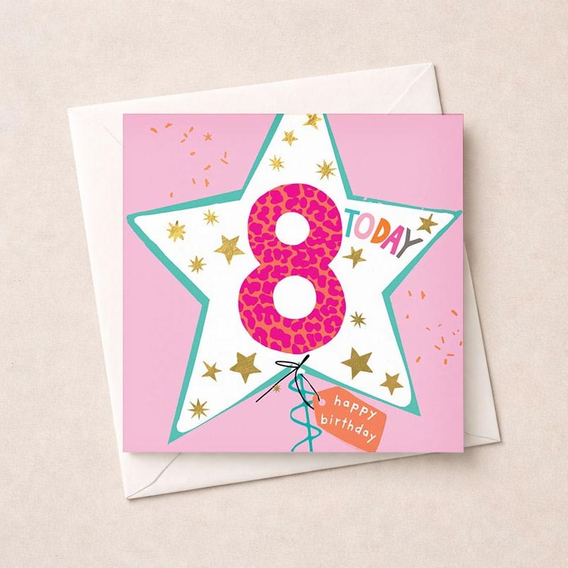An image of Age 8 Birthday Card - Pink Star Balloon