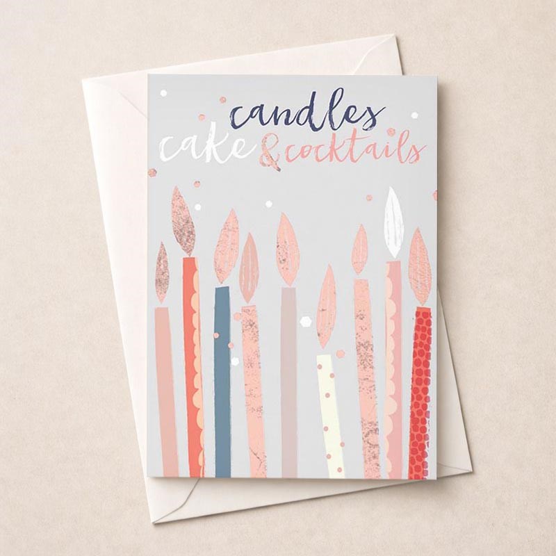 An image of Birthday Card - Candles Cake and Cocktails