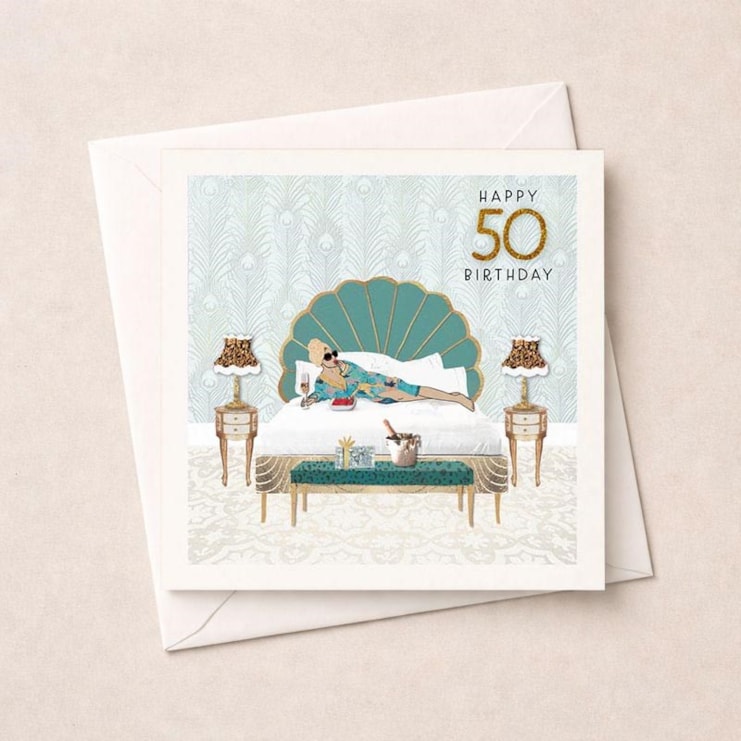 Age 50 Birthday Card - Lady On Bed Age 50 Birthday Card - Lady On Bed