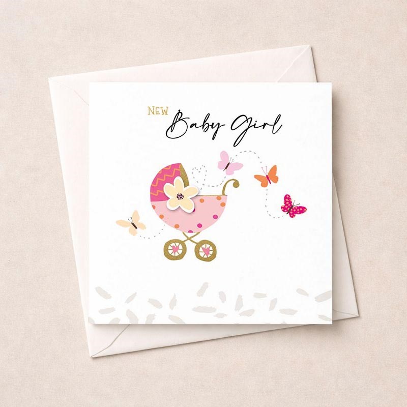 An image of New Baby Girl Card - Pink Pram