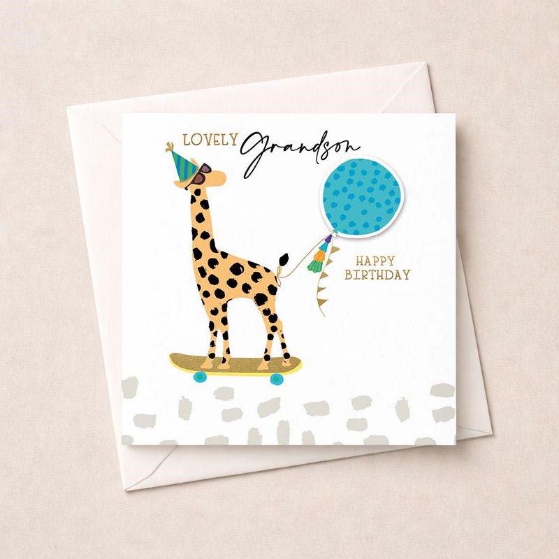 An image of Birthday Card - Grandson Skateboarding Giraffe