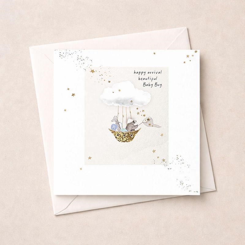 An image of New Baby Boy Card - Gold Basket