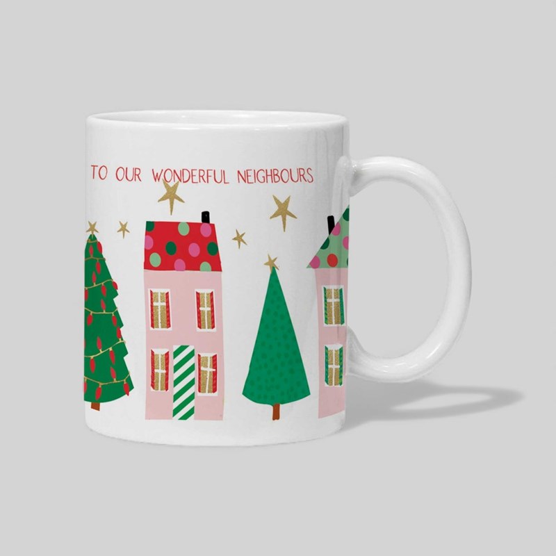 An image of Personalised Christmas Mug - Houses and Christmas Trees