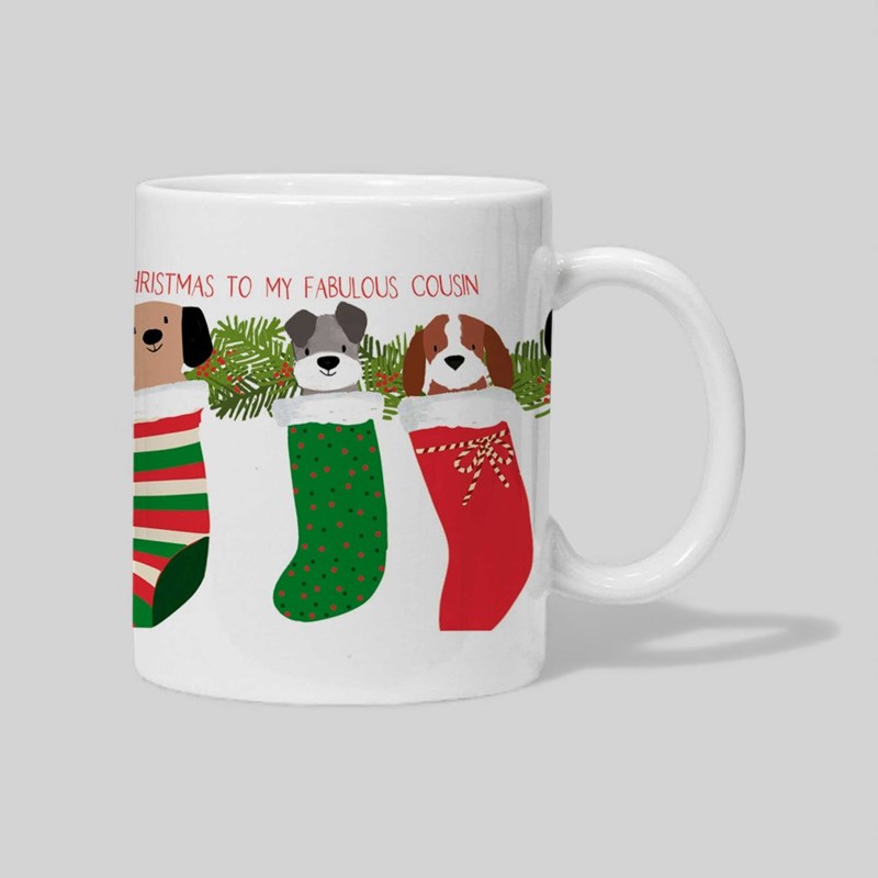An image of Personalised Christmas Mug - Dogs In Christmas Stockings