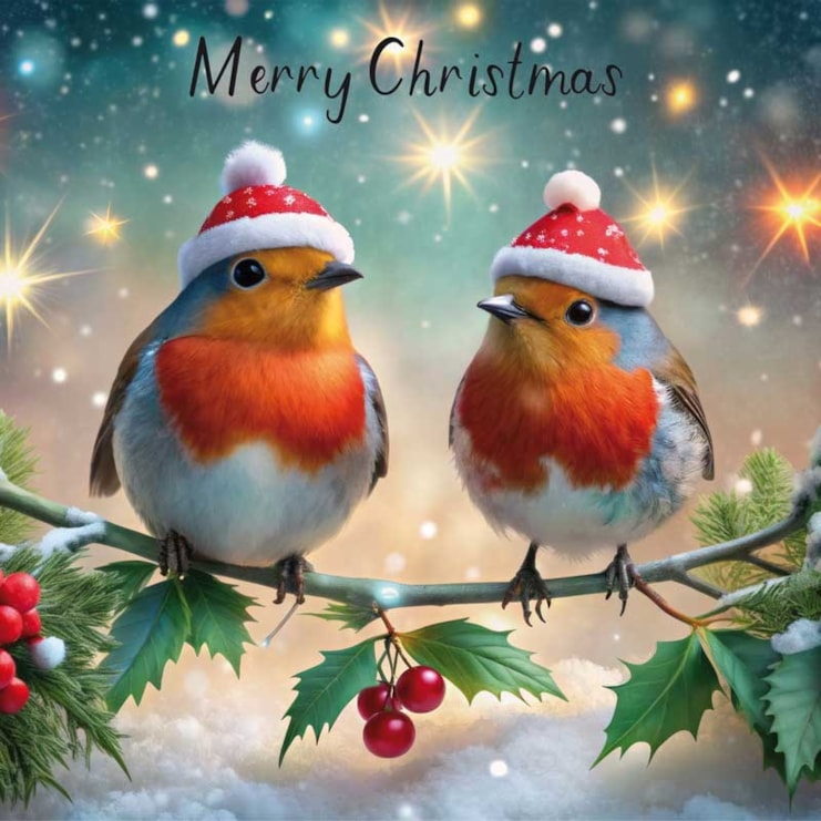 Christmas Card - Merry Christmas Two Robins