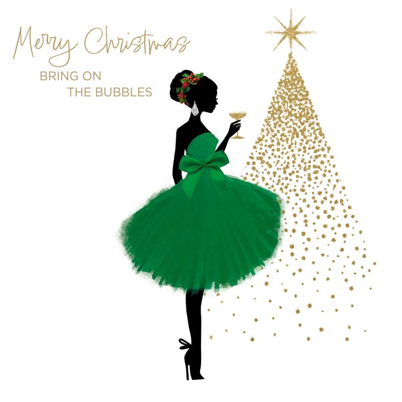 An image of Christmas Card - Merry Christmas Lady In Green Dress