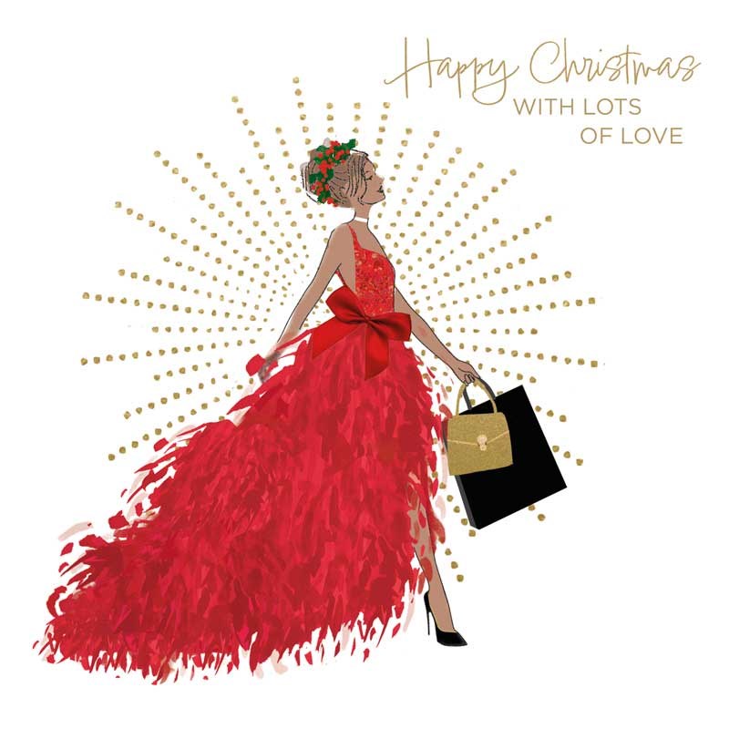 An image of Christmas Card - Merry Christmas Lady In Red Dress