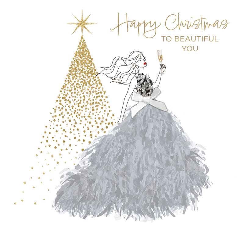 An image of Christmas Card - Merry Christmas Lady In Silver Dress