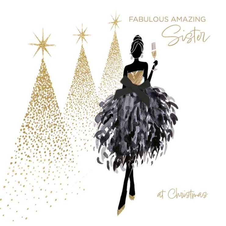 Sister Christmas Card - Fabulous Amazing Sister Feather Gown Sister Christmas Card - Fabulous Amazing Sister Feather Gown