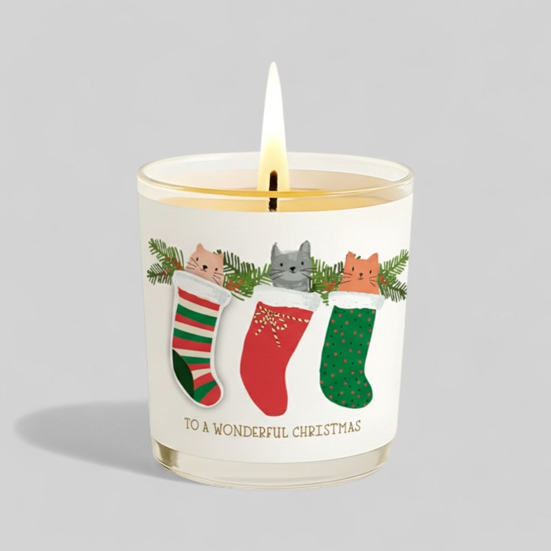 An image of Vanilla Scented Christmas Candle - Cats In Christmas Stockings