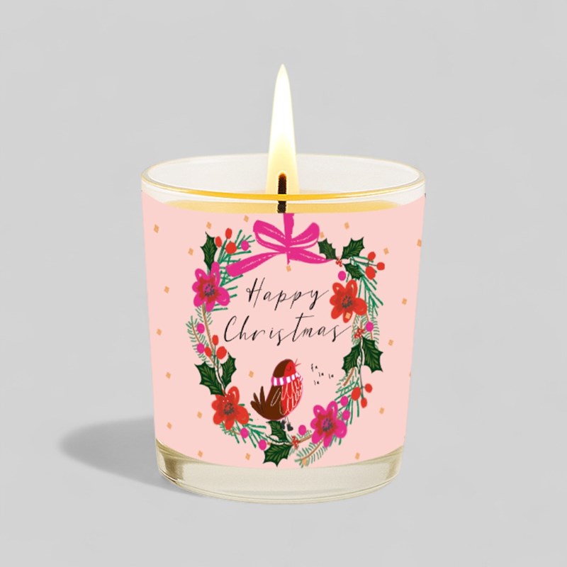 An image of Vanilla Scented Christmas Candle - Christmas Wreath and Robin