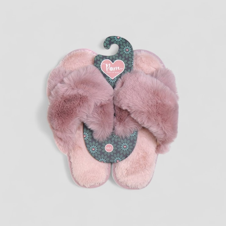 Faux Fur Slippers | Grey and Dusky Pink Faux Fur Slippers | Grey and Dusky Pink